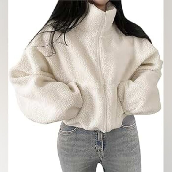 Sans Souci Jackets & Blazers - Sans Souci White Fleece Teddy Boxy Zip Streetwear Cozy Shacket L